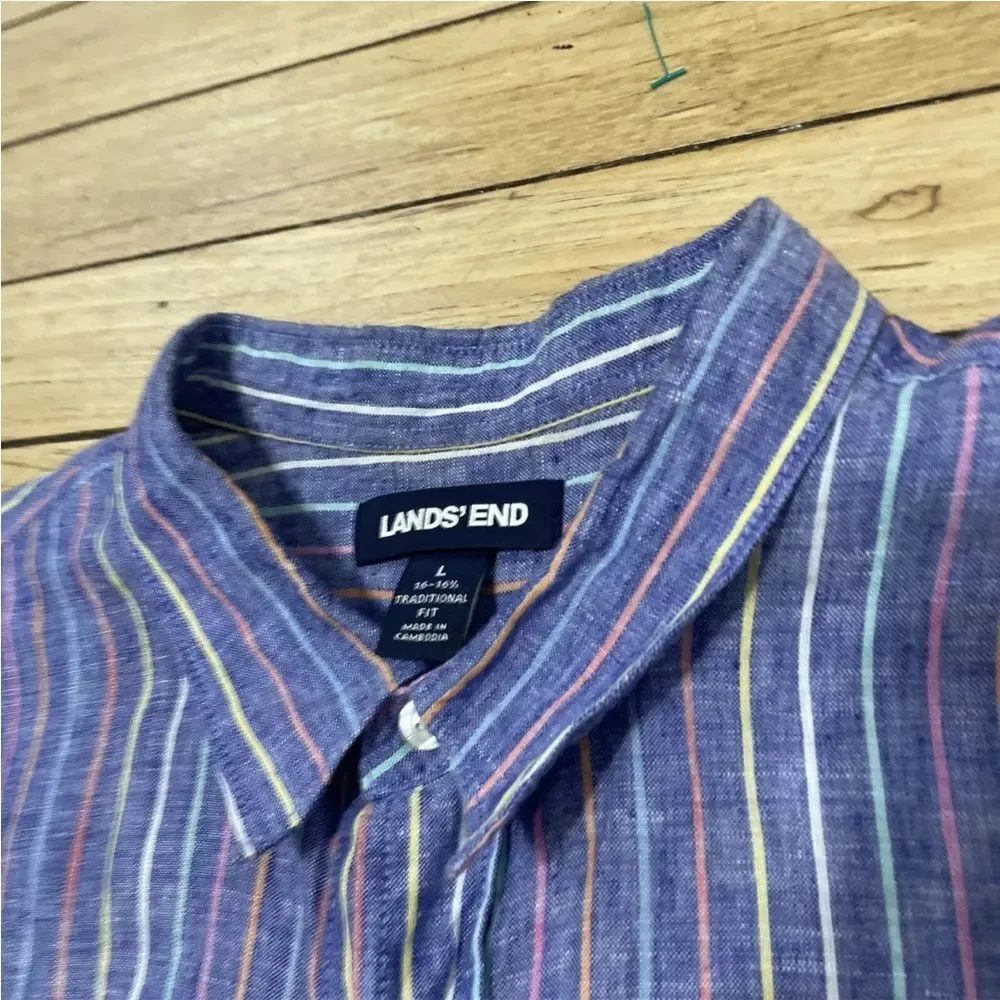 LANDS' END Linen Button Shirt Men L Traditional Fit Blue Vertical Stripe Rainbow